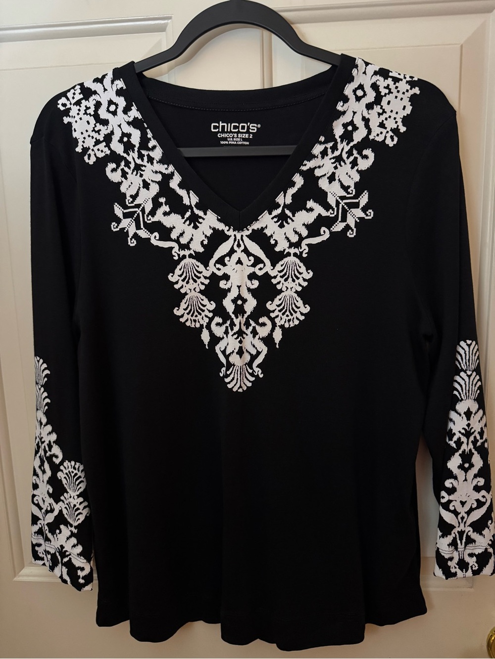 Chico's Top Black Ikat 100% Pima Cotton 3/4 Sleeve Everyday Tee Chico’s Size 2 - Picture 9 of 11